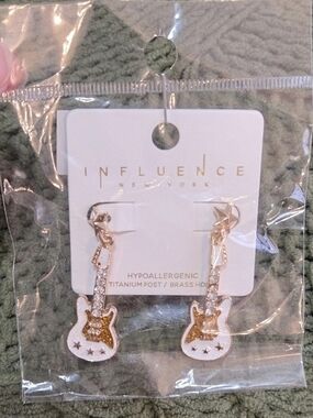 Influence New York Guitar Dangle Earrings White Gold Enamel Stone Embellished